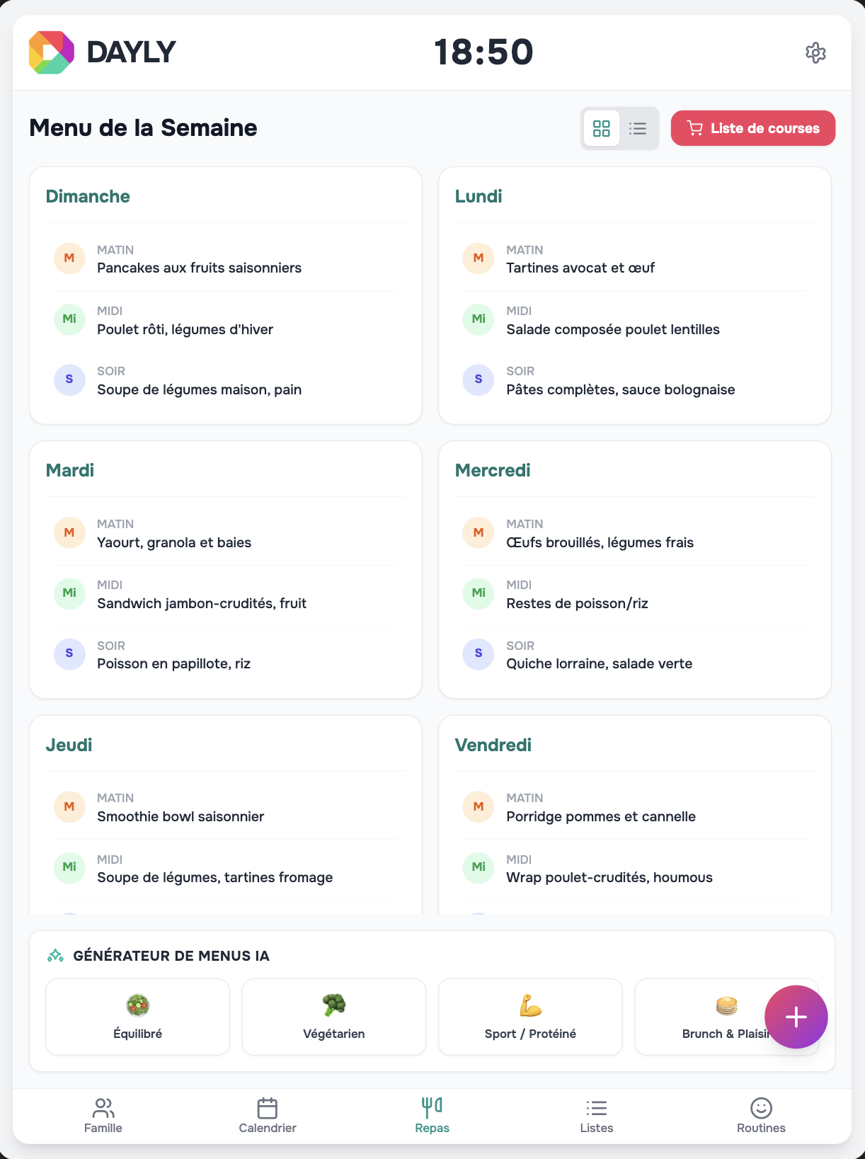 Interface Repas et Courses